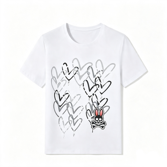 Psycho Bunny Heart Grid Graffiti Tee – White Black Sketch Overlapping Hearts Streetwear T-Shirt
