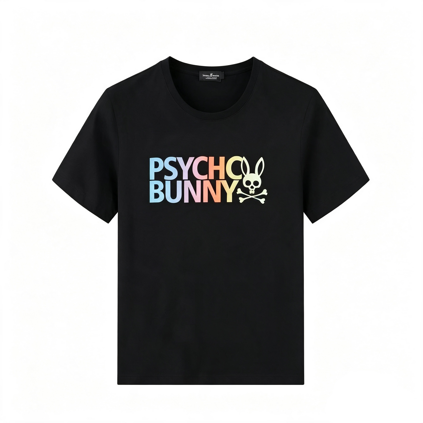 Psycho Bunny Rainbow Text Graphic Tee – Black Pastel Streetwear T-Shirt