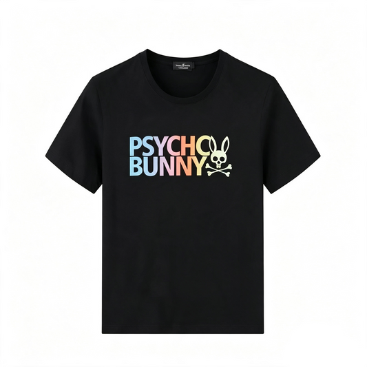 Psycho Bunny Rainbow Text Graphic Tee – Black Pastel Streetwear T-Shirt