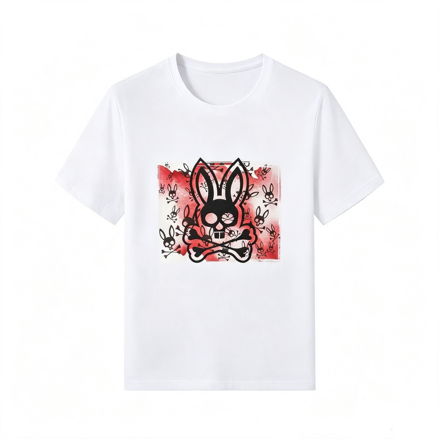 Psycho Bunny Gothic Frame Tee – White Red Watercolor Scattered Print Streetwear T-Shirt