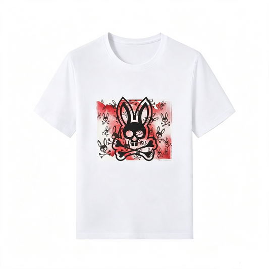 Psycho Bunny Gothic Frame Tee – White Red Watercolor Scattered Print Streetwear T-Shirt