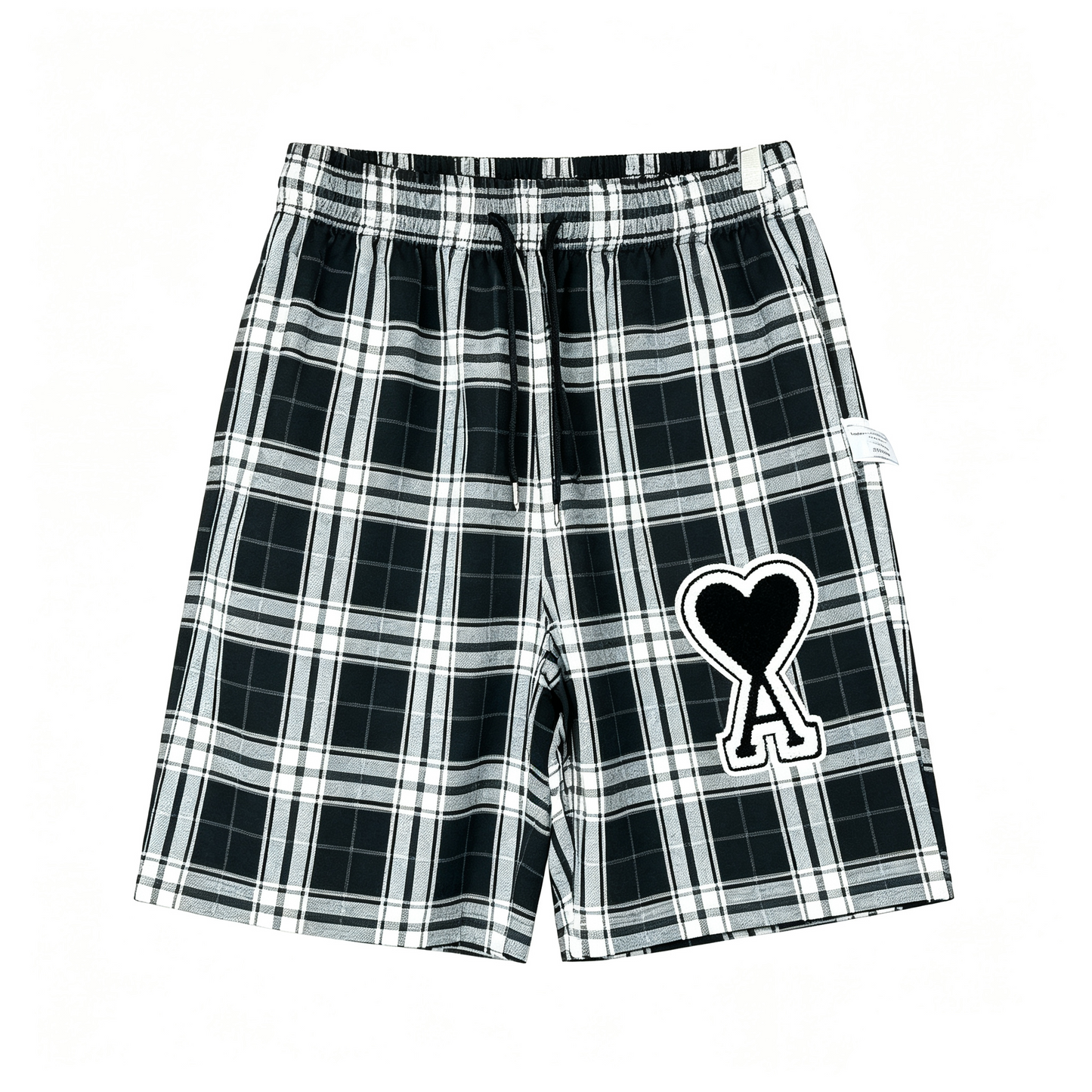 AMI Paris Ami de Cœur Chenille Logo Plaid Shorts — Black / White