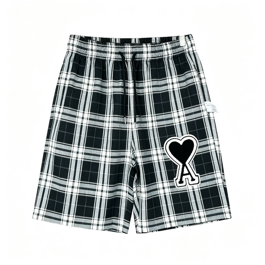 AMI Paris Ami de Cœur Chenille Logo Plaid Shorts — Black / White