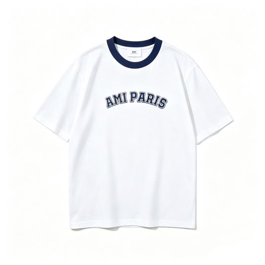AMI Paris Arch Logo Ringer T-Shirt — White / Navy