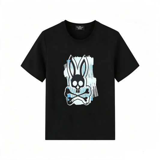 Psycho Bunny Sketch Block Tee – Black Sky Blue Brushstroke Graffiti Streetwear T-Shirt