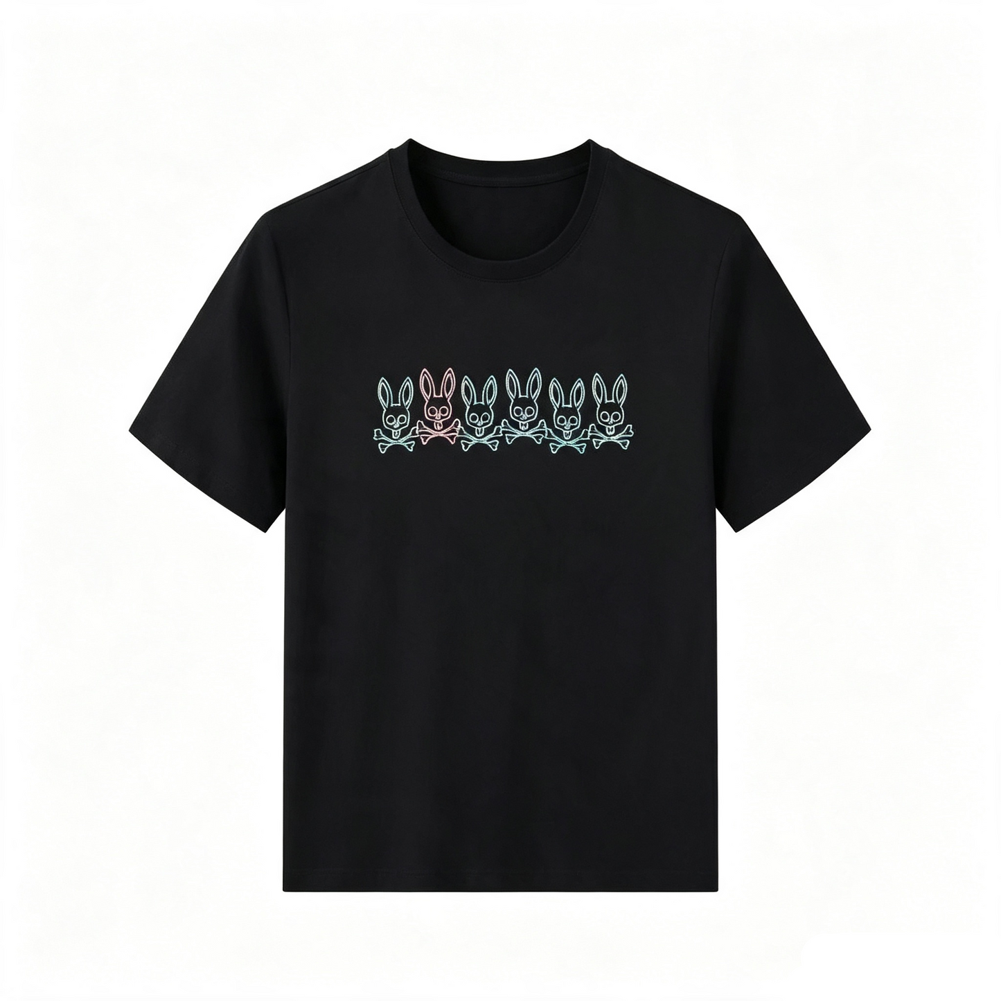 Psycho Bunny Neon Repeat Tee – Black Multicolor Line Art Streetwear T-Shirt