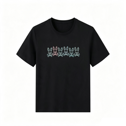 Psycho Bunny Neon Repeat Tee – Black Multicolor Line Art Streetwear T-Shirt