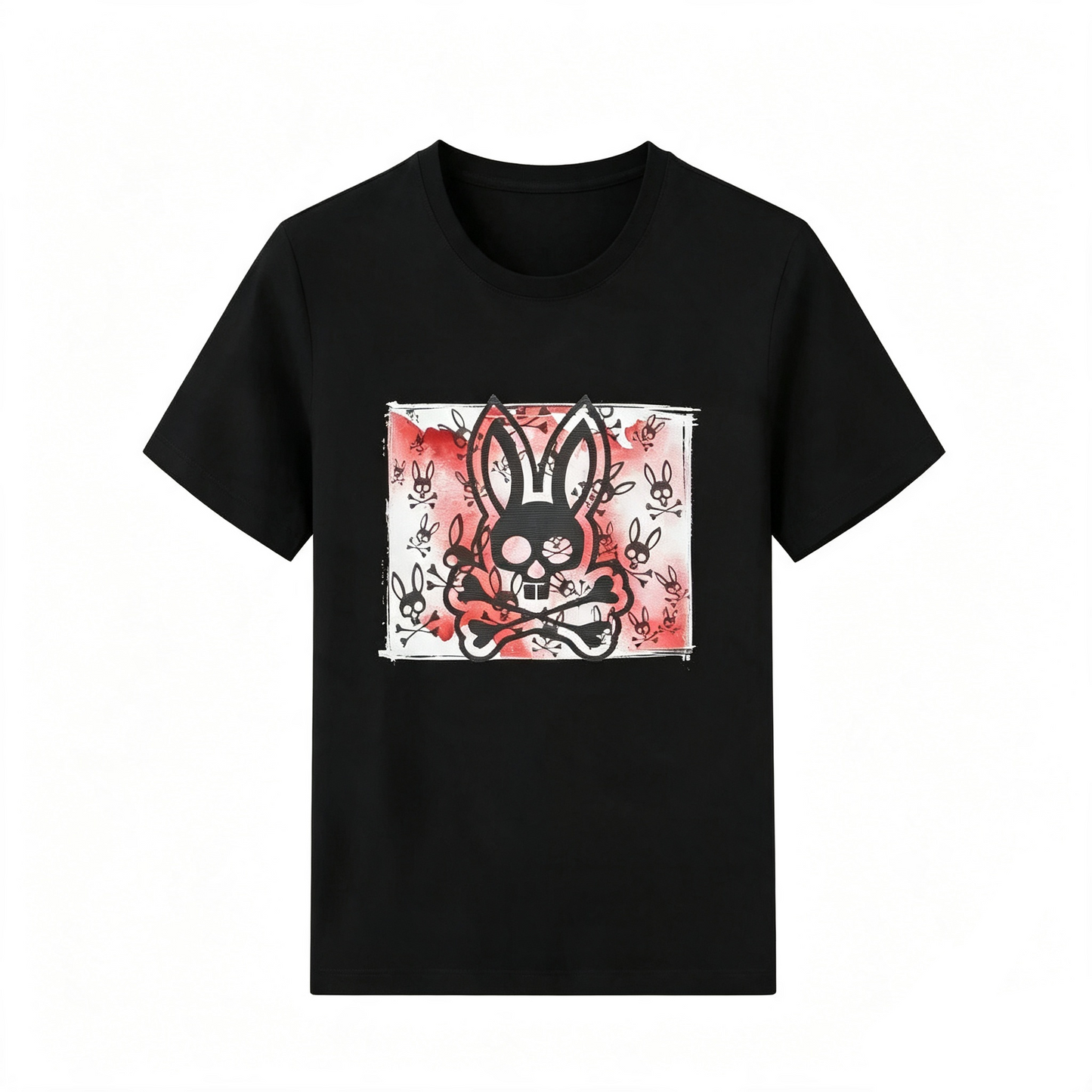 Psycho Bunny Gothic Frame Tee – Black Red Watercolor Scattered Print Streetwear T-Shirt