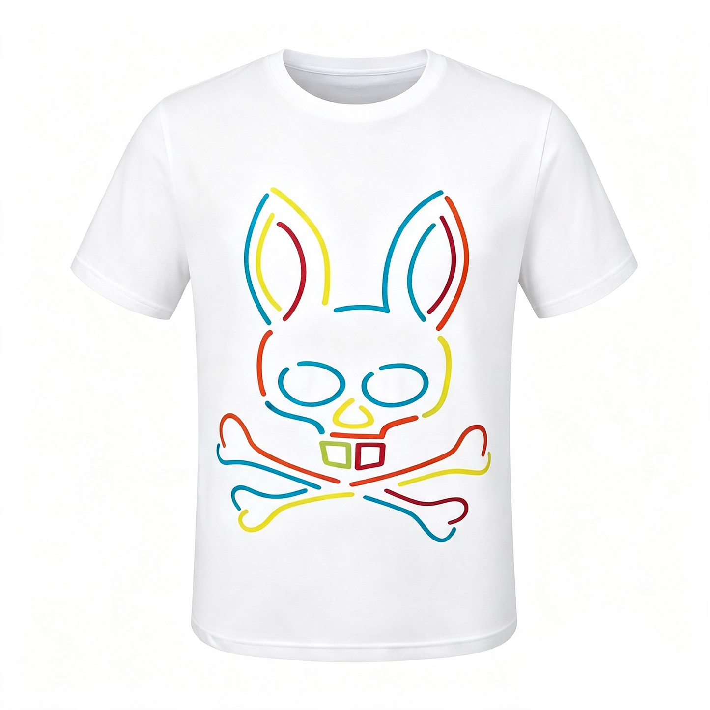 Psycho Bunny Neon Line Art Tee – White Oversized Rainbow Outline Streetwear T-Shirt