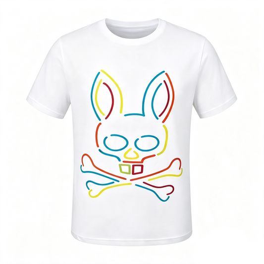 Psycho Bunny Neon Line Art Tee – White Oversized Rainbow Outline Streetwear T-Shirt