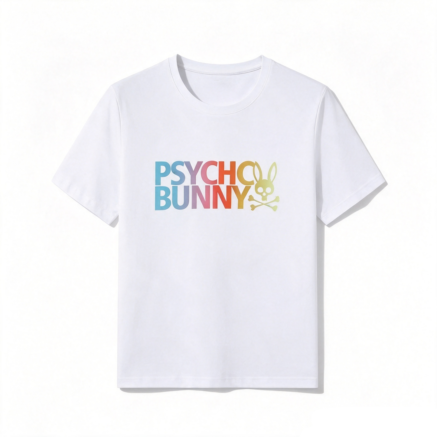 Psycho Bunny Rainbow Text Graphic Tee – White Warm Gradient Streetwear T-Shirt