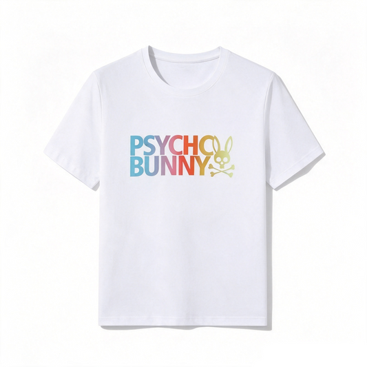 Psycho Bunny Rainbow Text Graphic Tee – White Warm Gradient Streetwear T-Shirt