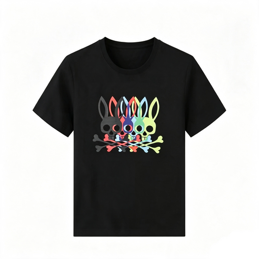 Psycho Bunny Quad Overlap Tee – Black Four-Color Double Exposure Streetwear T-Shirt