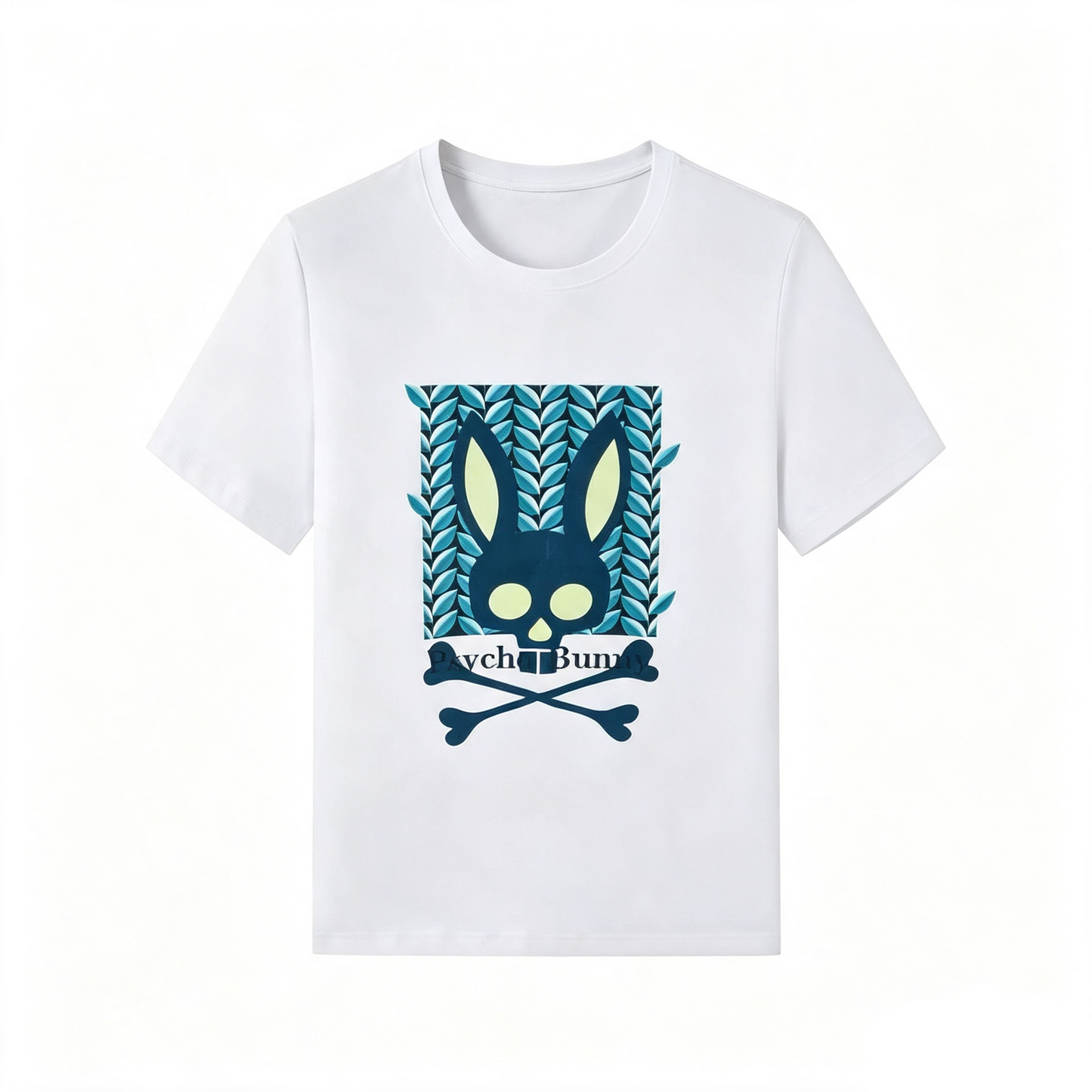 Psycho Bunny Woven Crest Tee – White Navy Botanical Frame Streetwear T-Shirt