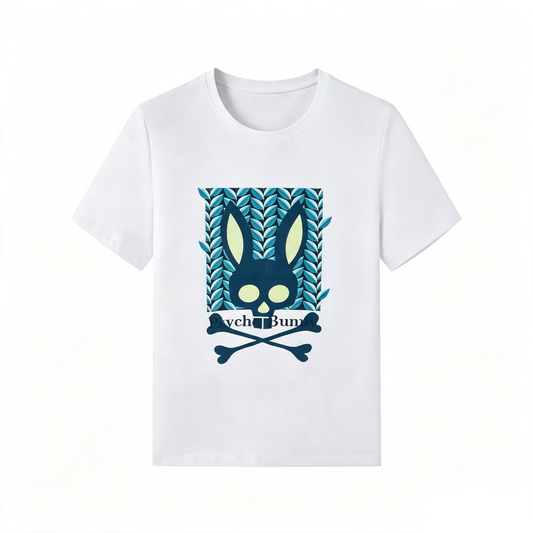 Psycho Bunny Woven Crest Tee – White Navy Botanical Frame Streetwear T-Shirt