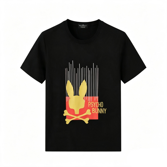 Psycho Bunny Rain Lines Graphic Tee – Black Red Gold Streetwear T-Shirt
