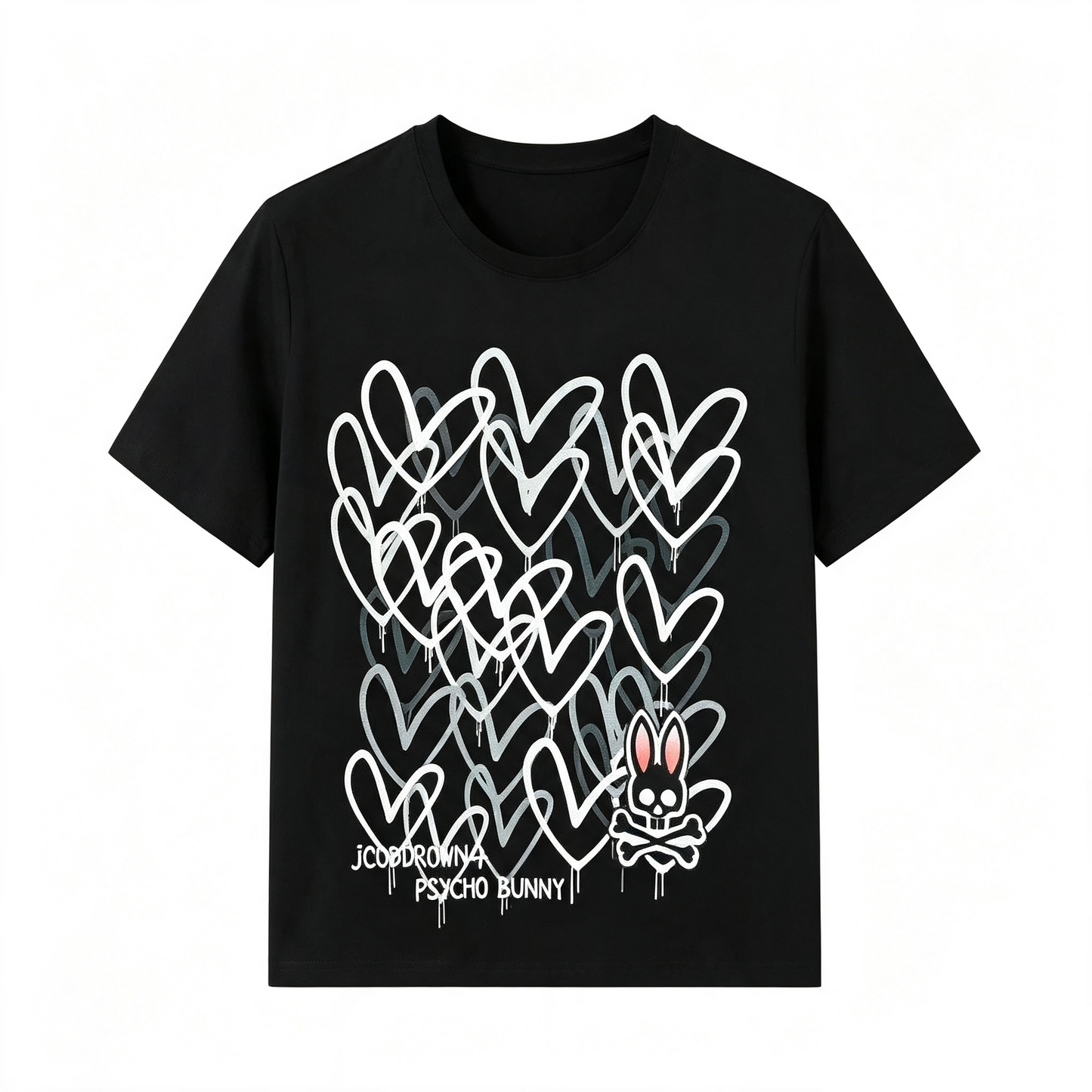 Psycho Bunny Heart Grid Graffiti Tee – Black White Spray Paint Overlapping Hearts Streetwear T-Shirt