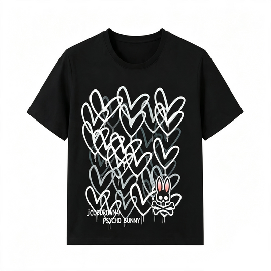 Psycho Bunny Heart Grid Graffiti Tee – Black White Spray Paint Overlapping Hearts Streetwear T-Shirt