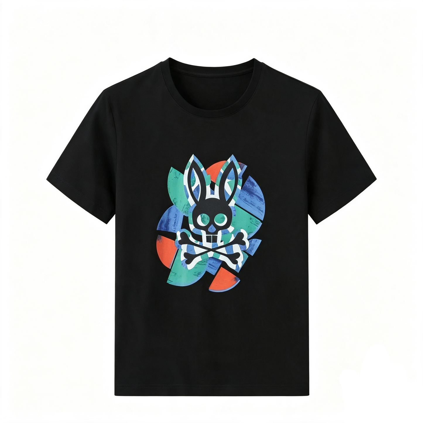 Psycho Bunny Collage Petal Tee – Black Geometric Patchwork Streetwear T-Shirt