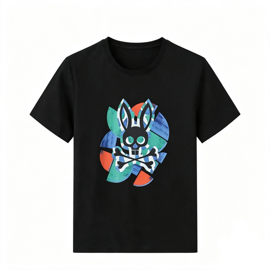 Psycho Bunny Collage Petal Tee – Black Geometric Patchwork Streetwear T-Shirt