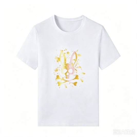 Psycho Bunny Shatter Explosion Tee – White Gold Rose Gradient Burst Streetwear T-Shirt