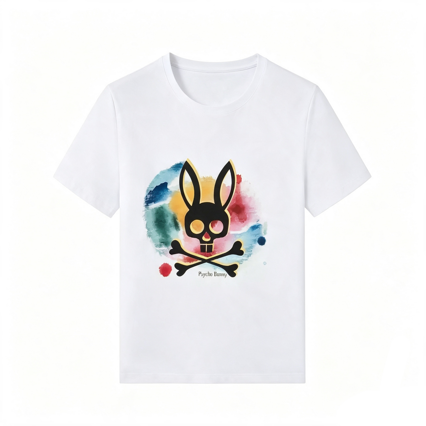 Psycho Bunny Watercolor Orb Tee – White Silhouette on Paint Wash Streetwear T-Shirt