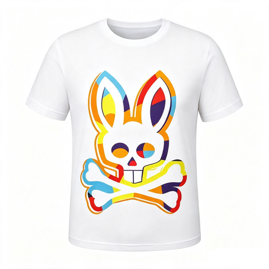 Psycho Bunny Stained Glass Tee – White Multicolor Geometric Neon Streetwear T-Shirt